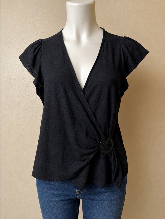Banana Republic Tops - Banana Republic Linen Wrap Top Womens Medium Black Flutter Sleeve Ring Detail